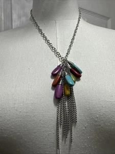 Vintage Handmade Women Necklace Deco Multicolor Stones Tassel Silver Chain Rare - Picture 1 of 11