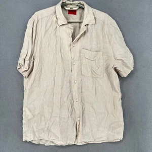 Hugo Boss Shirt Mens Large Beige Linen Button Casual Short Sleeve Pocket - Picture 1 of 15