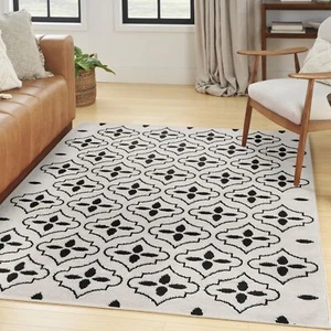 urison Essentials Indoor/Outdoor Ivory Black 4' x 6' Area Rug Easy Cleaning - Picture 1 of 9