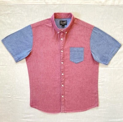 Short Sleeve Casual Button Up Shirt Retrofit Men’s Large Red Blue Pocket - Image 1 of 4