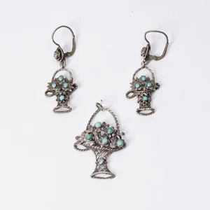 Jugendstil Anhänger + Ohrringe Blumenkorb Türkis Silber Jakob Agner München 830 - Bild 1 von 8
