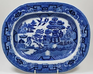 Antique Burslem Staffordshire Blue & White Willow Pattern 10½" x 8½" Platter - Picture 1 of 3