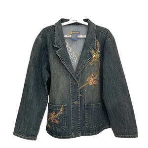 Chaqueta de mezclilla Jou Jou bordada adornada con mariposas para mujer botón X-grande - Imagen 1 de 17