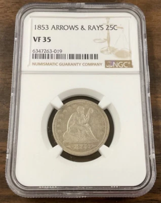 1853 25¢ SEATED LIBERTY QUARTER Arrows & Rays NGC VF 35 - Image 1 of 4