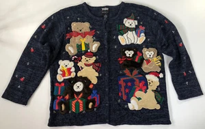 Designers Originals Studio Womens Christmas Bears Cardigan Sweater Size 1X Blue - Picture 1 of 6