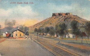 Postal de llegada de tren de depósito de estación de ferrocarril Castle Rock CO - Imagen 1 de 2