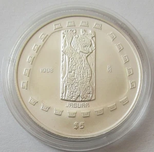 Mexico 5 Pesos 1998 Pre-Columbian Era Jaguar 1 Oz Silver - Picture 1 of 2