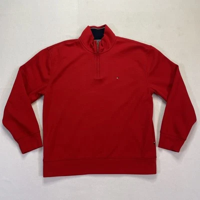 Suéter masculino Tommy Hilfiger grande vermelho meio zíper pulôver clássico logotipo bandeira algodão - Imagem 1 de 4