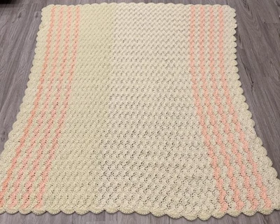 Crochet Baby Blanket Stroller Nursery Afghan 64x59 Pink And White Shell Shaped - Image 1 of 3