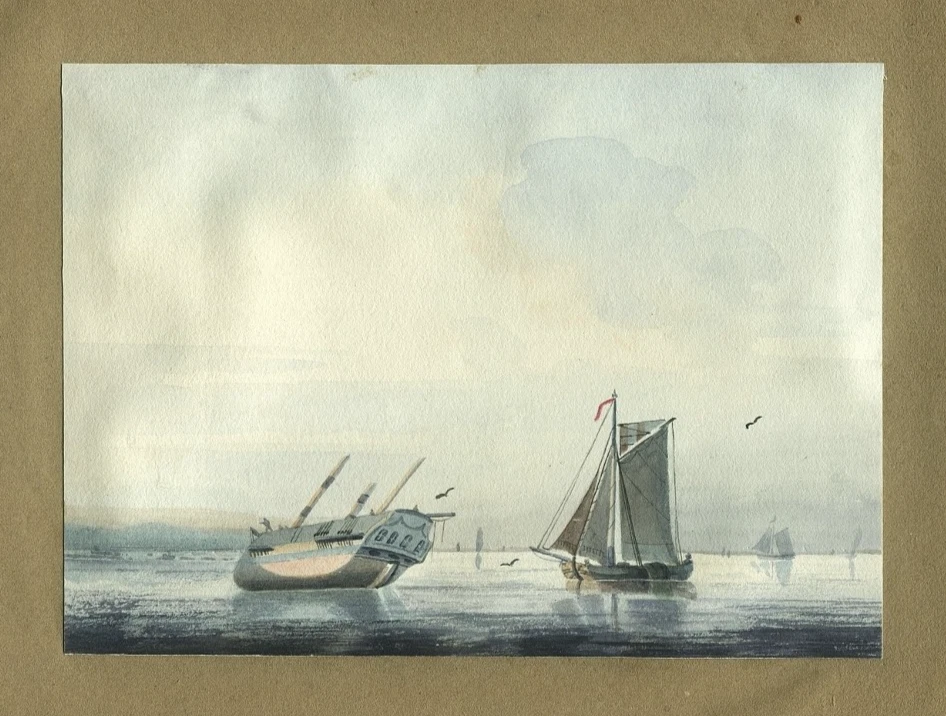 Bateaux , Paysage marin - Dessin original ancien - Aquarelle - Photo 1/1