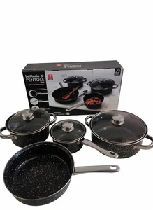 Batteria Pentole 7 Pezzi Antiaderente Marmorizzata Nero Manici Acciaio Carbonio - Foto 1 di 6