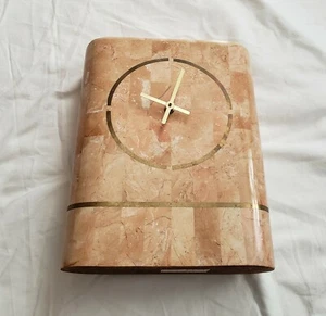 Heavy Beige 1980s Faux Marble Mantle Clock w/Brass inlayed REDUCE 🎉 - Picture 1 of 10