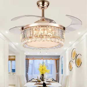 42" Chandelier Ceiling Light Fan Gold Invisible Blade Crystal LED Lamp + Remote - Picture 1 of 11