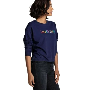 Levis Womens Graphic Long Sleeve Crop Top Cropped T-Shirt XL Navy Blue - Picture 1 of 6