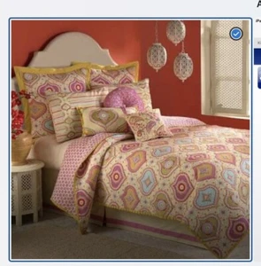 Dena Home Twin Quilt & 2 Shams Pink, Aqua, Yellow & Green Casablanca Moroccan - Picture 1 of 19