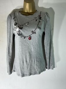 Womens Tu Size Uk 8 Grey Necklace Print Long Sleeve Crew Neck Jersey T-shirt Top