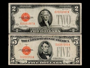 Lot of Two $5 1928-F & $2 1928-G Red Seal United States Note Free Shipping (H35) - Picture 1 of 2