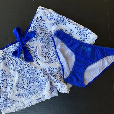 VICTORIA'S SECRET XS panty+shorts WHITE BLUE paisley PJ SLEEPWEAR COTTON LACE - Image 1 of 4