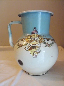 antike, seltene Emaille-Kanne Krug mit Blumen, Ranken, Ornamenten, blau weiß - Bild 1 von 1