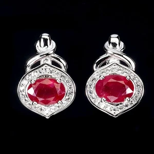 925 Sterling Silver Earrings Oval Ruby 7x5mm White Topaz Gemstone Jewelry - Picture 1 of 13