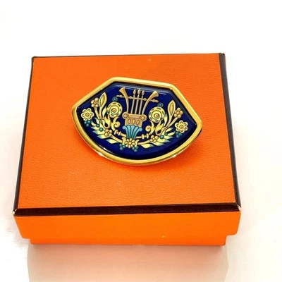 Hermes Emaille Brooch Jewelry Enamel Accessory Vintage Gold Tone Brass - Image 1 of 4