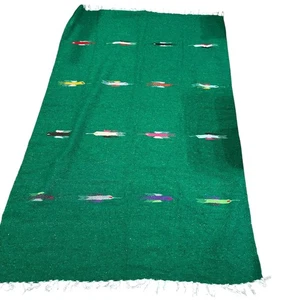 Vintage 1960s Mexican Serape Blanket Throw Wool Pajaro Design Tree Green 4' x 6' - Picture 1 of 5