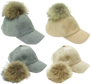 Gorra de béisbol ajustable bola de piel sintética pom de gamuza para niñas damas - Imagen 1 de 5