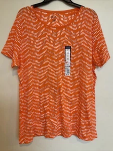 Falls Creek Women's Scoop Neck T-Shirt 1X Orange & White Print NWT Casual Tee - Picture 1 of 3