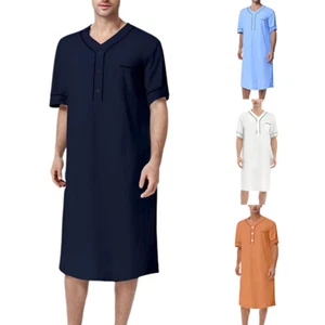 Camisón de manga corta para hombre cuello en V hasta la rodilla camisa para dormir algodón suave camisón - Imagen 1 de 21
