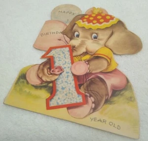 1940's Doubl Glo Birthday Greeting Card Die Cut Elephant Happy Birthday 1 Year - Bild 1 von 9