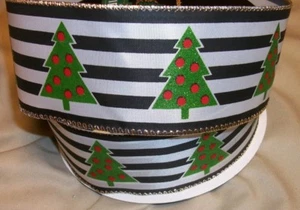 5 yds. BLACK STRIPES GLITTER CHRISTMAS TREES WIRE EDGE RIBBON 2 1/2" Wide - Picture 1 of 1