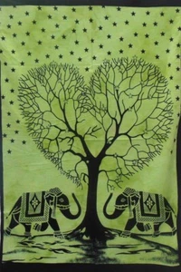 Green Heart Tree Double Elephants Tree Cotton Tapestry Wall Hanging Home Decor - Picture 1 of 4