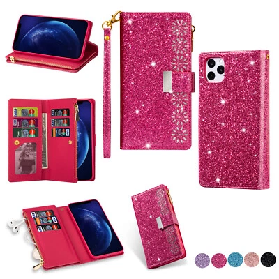 Luxury Bling Glitter Leather Zipper Bag Cover Case For iPhone 12 13 14 15 16 Pro - Image 1 of 4
