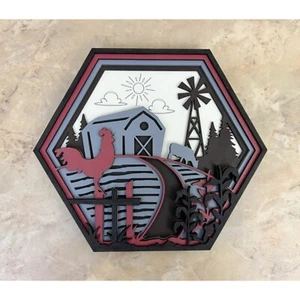 Escena de granja 3D hecho a mano pintado a mano hexagonal en capas colgante de pared 8X9,25 - Imagen 1 de 5