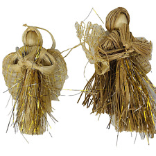 2 Straw Blonde Angel Christmas Tree Ornament With Tinsel