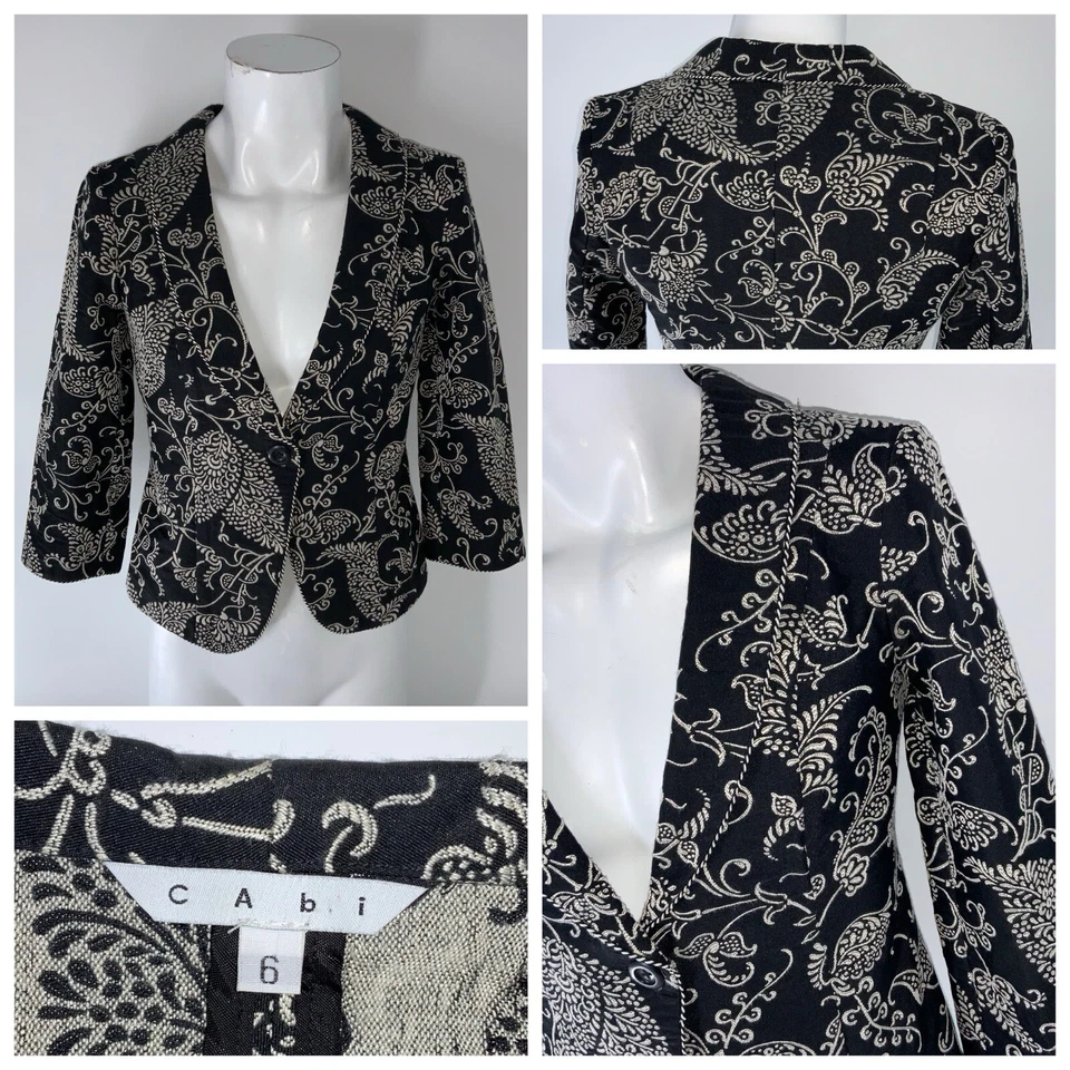Jaqueta Cabi Blazer Feminina Tamanho 6 Preto Branco Floral Manga 3/4 312 EUA YGI T2-125 - Imagem 1 de 4