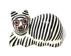 Wood Folk Art Cat Figure- 5?X3? Black & White Striped, Tiger Figurine W/ Red.