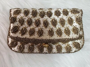 Vtg Beaded Satin Cream & Gold beading Evening Clutch Clasp Purse Handbag - Picture 1 of 11