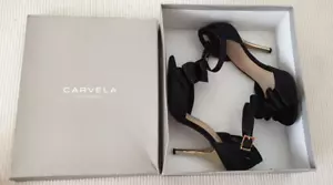 Carvela Kurt Geiger Peep Toe Court Shoes With Bow Size 38 UK 5 Black Satin Heels - Picture 1 of 15
