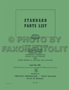 Dodge Plymouth Écrous Boulons Parties Catalogue 1946 1942 1941 1940 1939 1938