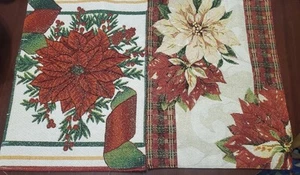 Christmas Tapestry Placemat Set of 2 Poinsettia Woven Green Red - Picture 1 of 3