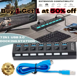 USB 3.0 Hub 7 Port On/Off Switch High Speed Splitter AC Adapter Cable PC Laptop - Picture 1 of 14
