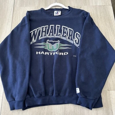 复古 Hartford Whalers 标志拉过男女通用 L 90 年代罕见曲棍球 NHL 蓝色 — 第 1/4 张图片