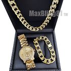 Hip Hop Iced Gold Plated Alloy Cubic Zirconia Band Watch & Bracelet & Necklace