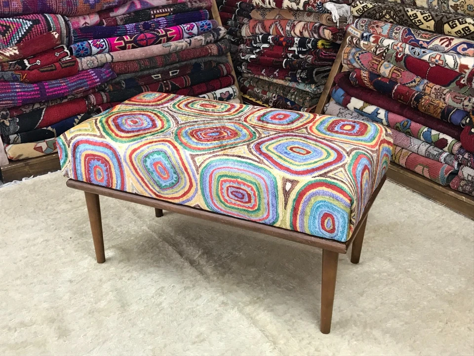 Handmade Kilim Upholstered Ottoman Footstool Piano Entryway Bedroom Bench - Image 1 of 4