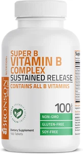 Bronson Super B Vitamin B Complex Sustained Slow Release (Vitamin B1, B2, B3, B6 - Picture 1 of 12