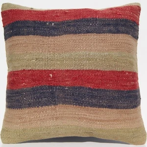 18"X18" Turkish Wool Pillow Cover Handwoven Striped Kilim Cushion Anatolian Rug - Picture 1 of 3