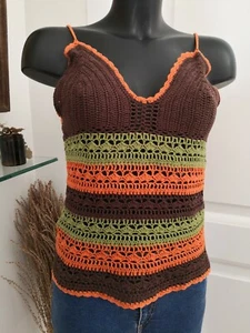 Mesh Häkel Top MIM grün braun orange mit Trägern Gr. M - Bild 1 von 4