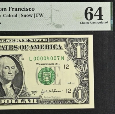 2003A $1 Federal Reserve Note PMG 64 wanted birthday low serial number 4007 - Image 1 of 3
