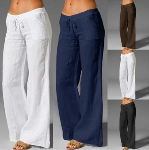 Women Cotton Linen Wide Leg Trousers Elastic High Waist Loose Pants Summer S-5XL - Picture 1 of 44
